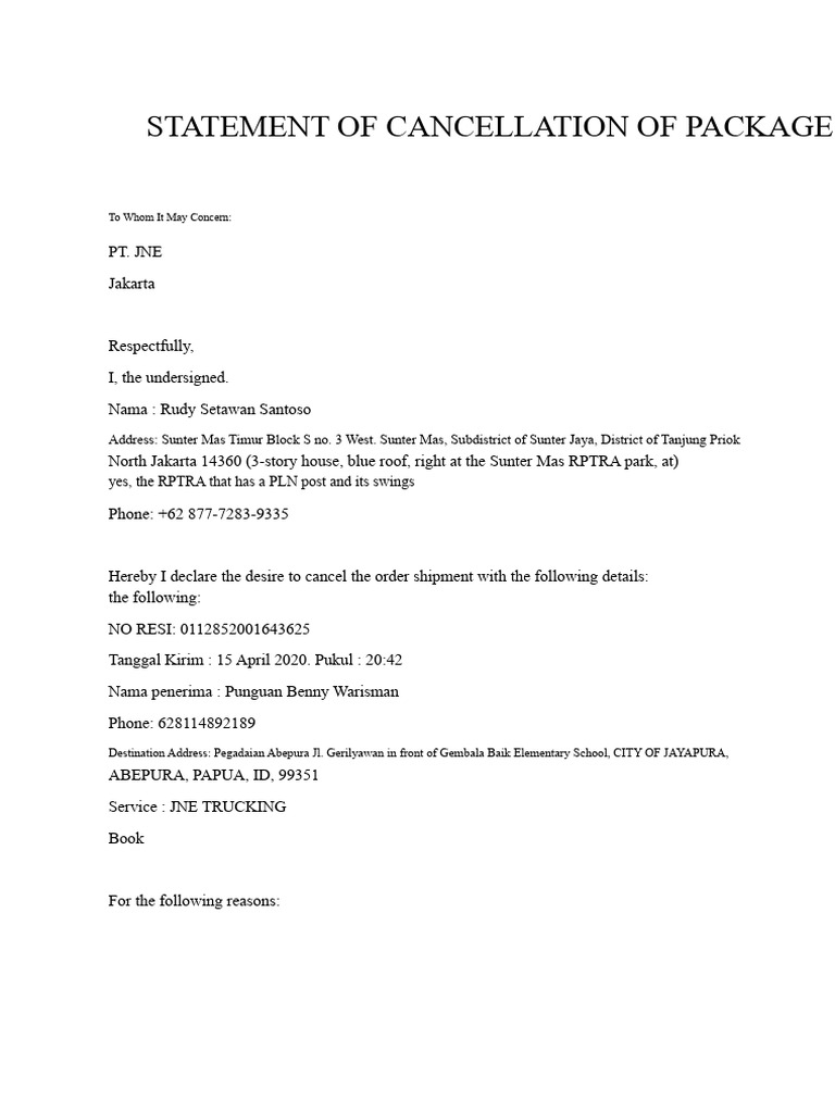 Package Cancellation Request to JNE | PDF