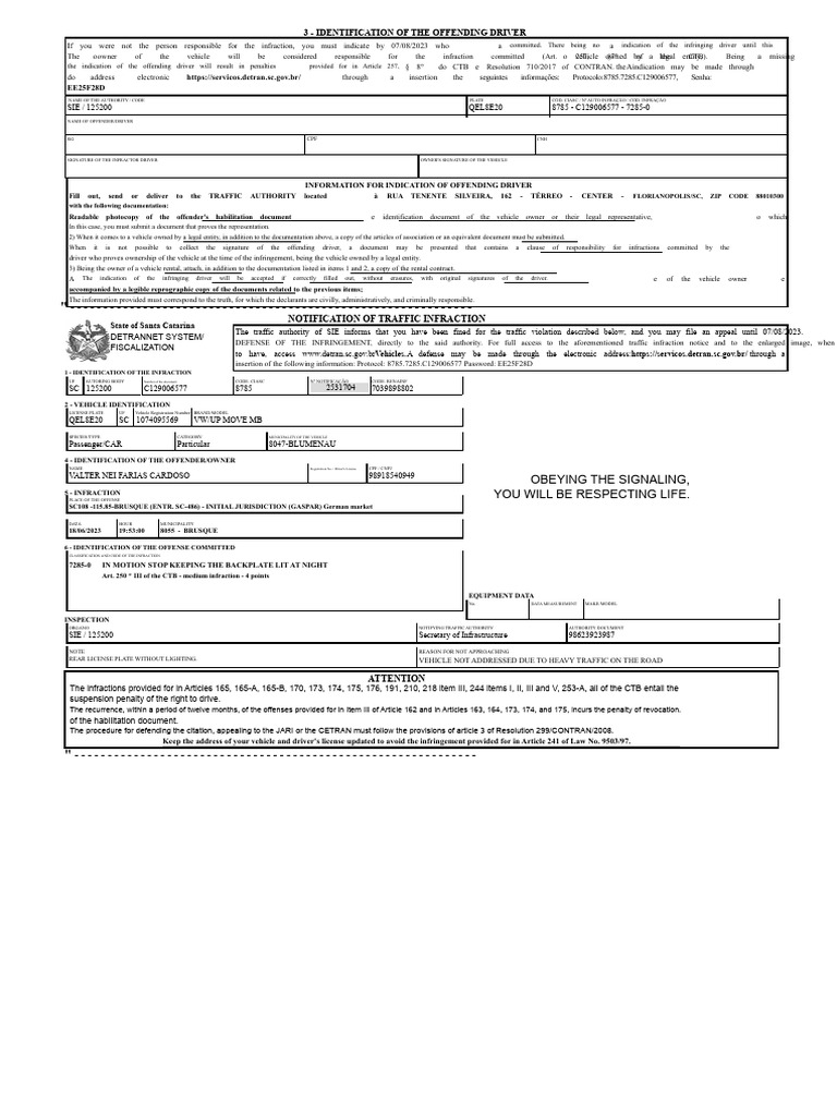 Notification of Infraction | PDF | Traffic Ticket | Vehicle ...