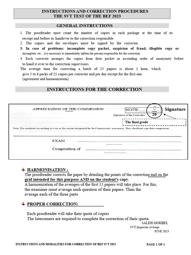 BEF SVT 2023 Correction Instructions | PDF