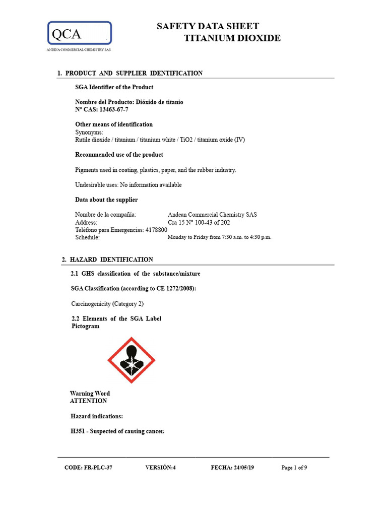 Titanium Dioxide Safety Data Sheet | PDF | Combustion | Fires