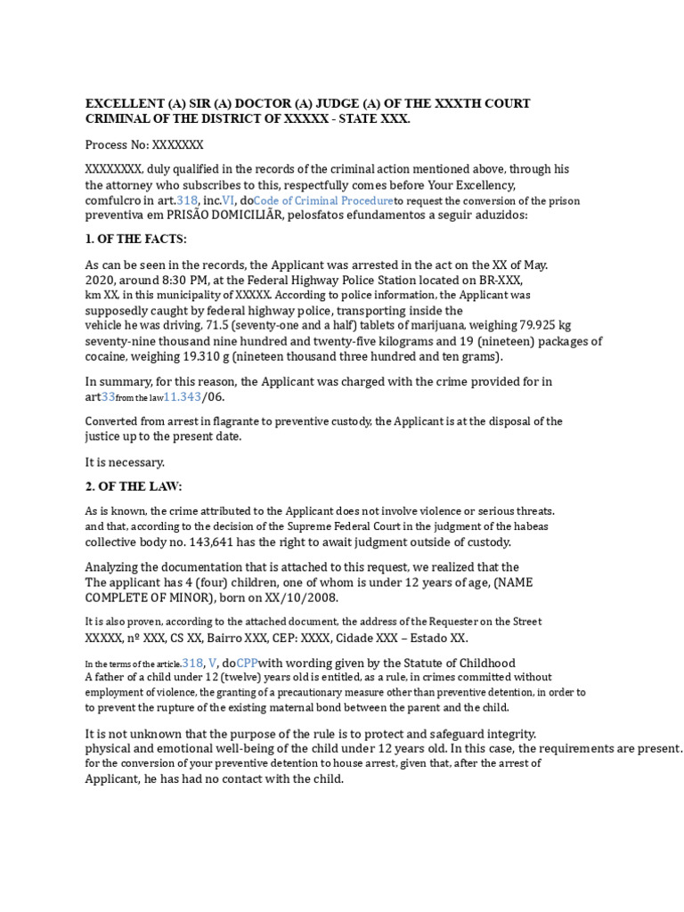 Model of Request For House Arrest | PDF | Habeas Corpus | Crimes