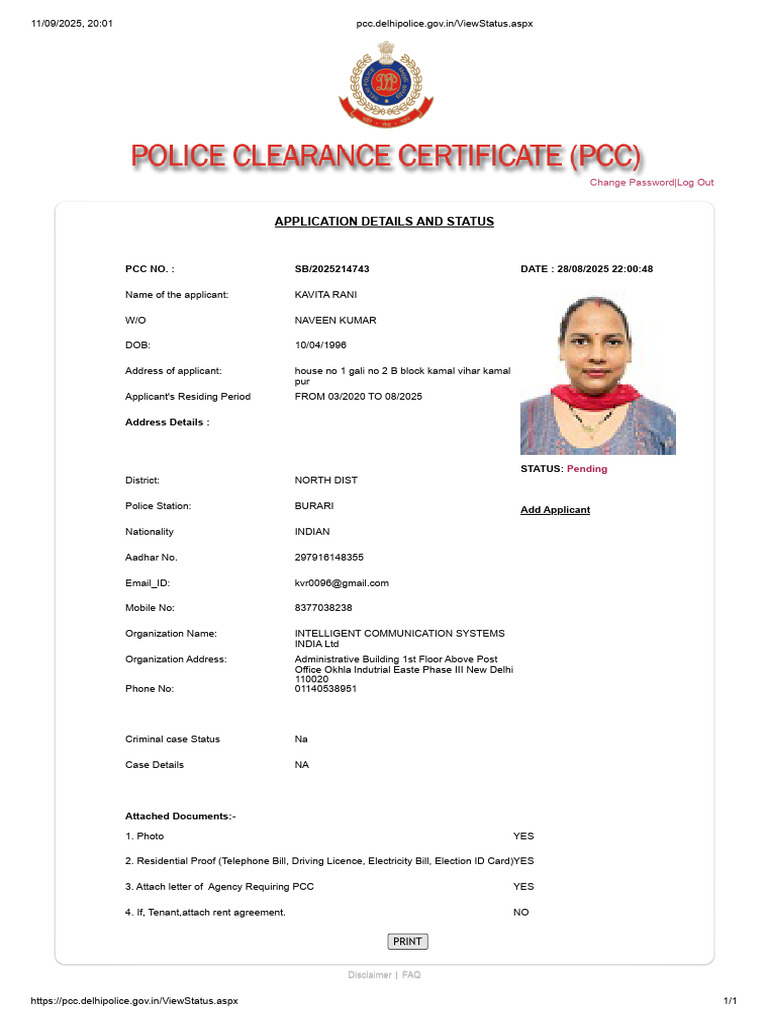 PCC Application Status for Kavita Rani | PDF | Government And ...