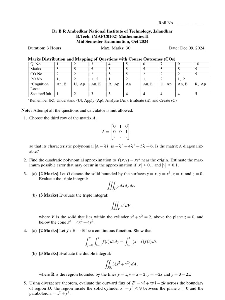 B.Tech Mathematics-II Mid Exam Paper | PDF | Integral | Linear Algebra