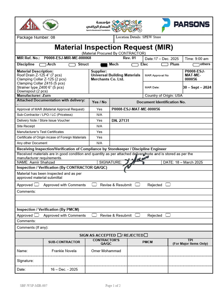 Material Inspection Request for Drainage Supplies | PDF | Civil ...