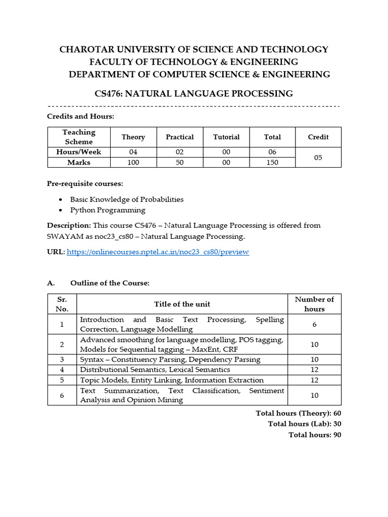 Natural Language Processing Course Syllabus | PDF | Parsing | Cognitive ...