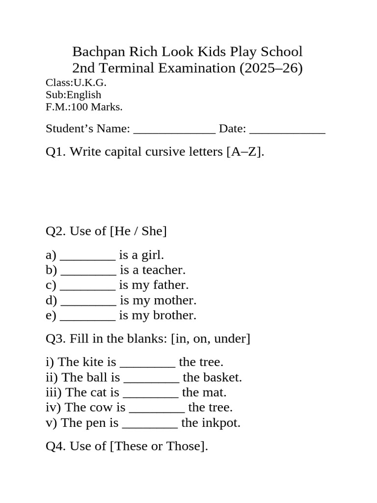 U.K.G. English Exam Paper 2025-26 | PDF
