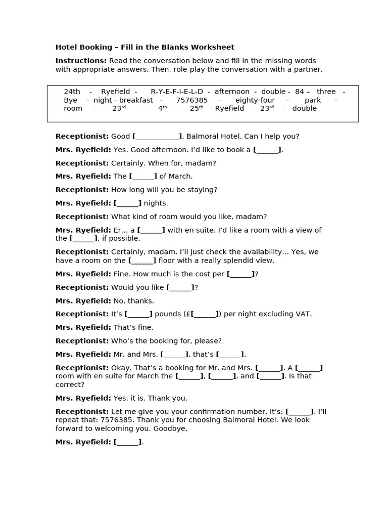Hotel Booking Conversation Worksheet | PDF