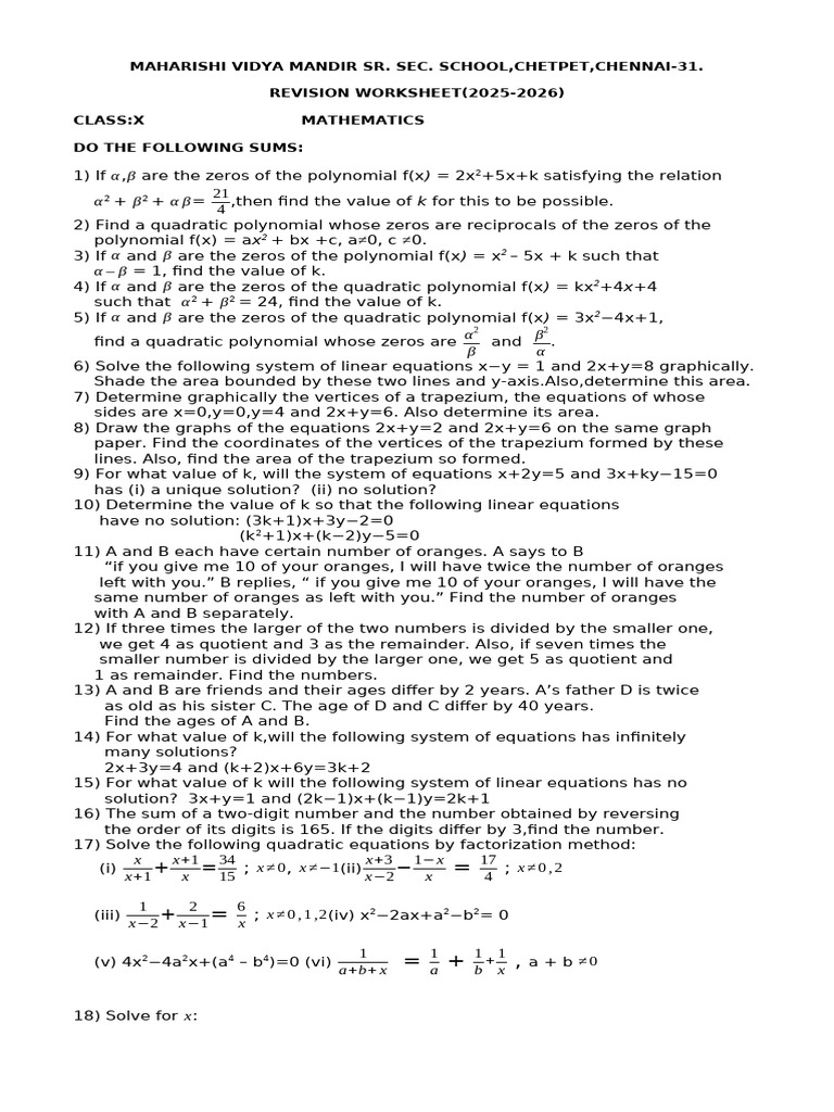 Class X Mathematics Revision Worksheet | PDF | Circle | Triangle