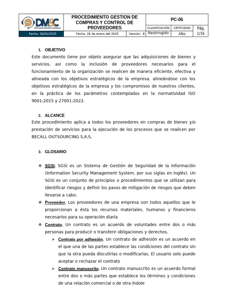 Procedimiento de Compras y Proveedores | PDF | Calidad (comercial ...