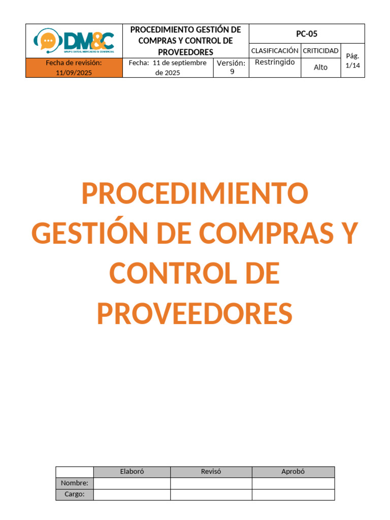 Procedimiento de Compras y Proveedores | PDF | Calidad (comercial ...