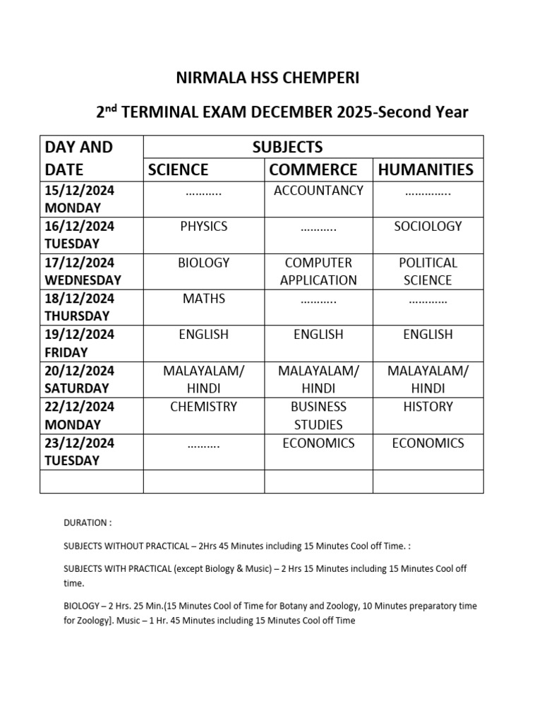 Nirmala HSS Chemperi Exam Schedule 2025 | PDF