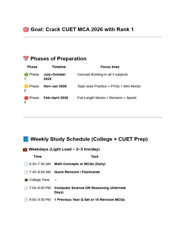 CUET MCA 2026 Study Plan Guide | PDF | Mathematics | Science