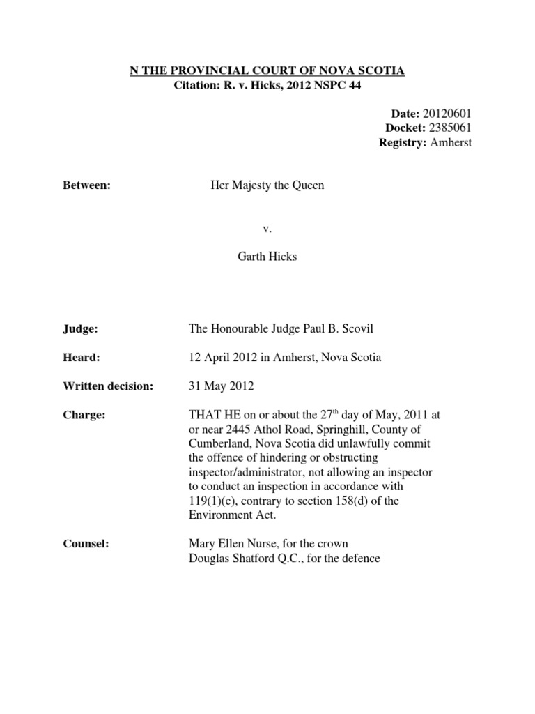 Provincial Court of Nova Scotia Decision R vs. Hicks | PDF | Search ...