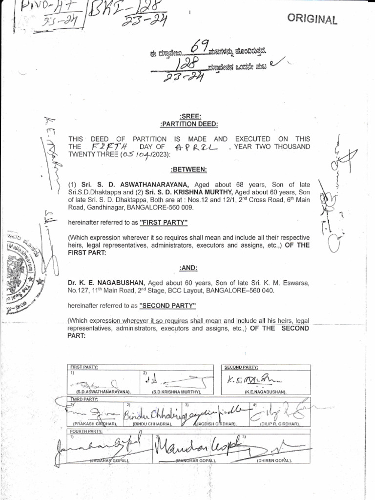 Bangalore Partition Deed Document | PDF | Land Law | Civil Law (Common Law)