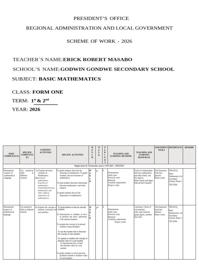 2026 Basic Mathematics Scheme of Work | PDF | Algebra | Equations