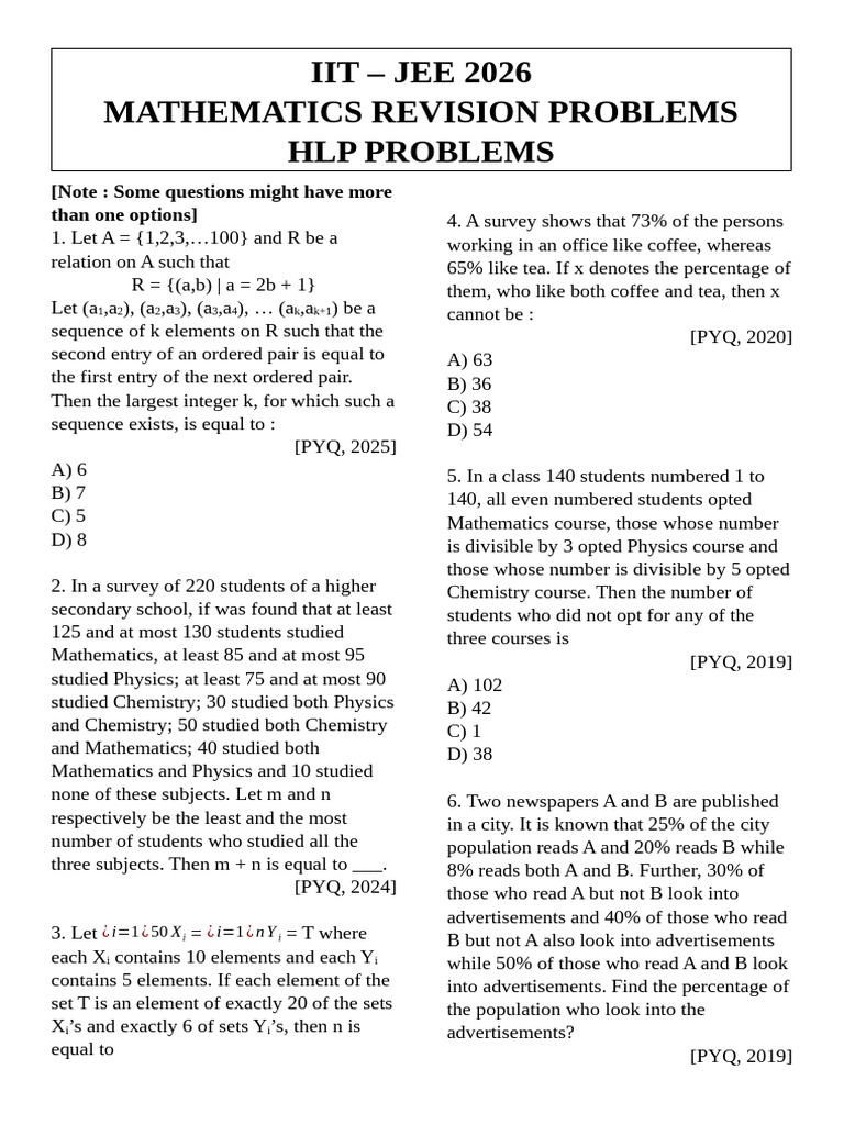 Mathematics Problem Set for IIT-JEE 2026 | PDF | Mathematics