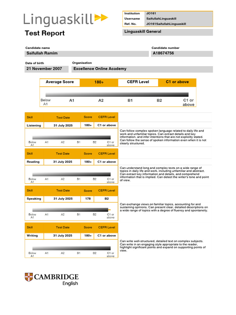 Linguaskill English Test Report C1 | PDF | Learning | Applied Linguistics