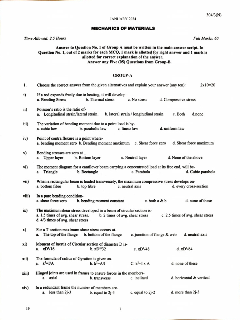 Mechanics of Materials Exam Paper 2024 | PDF | Bending | Stress (Mechanics)