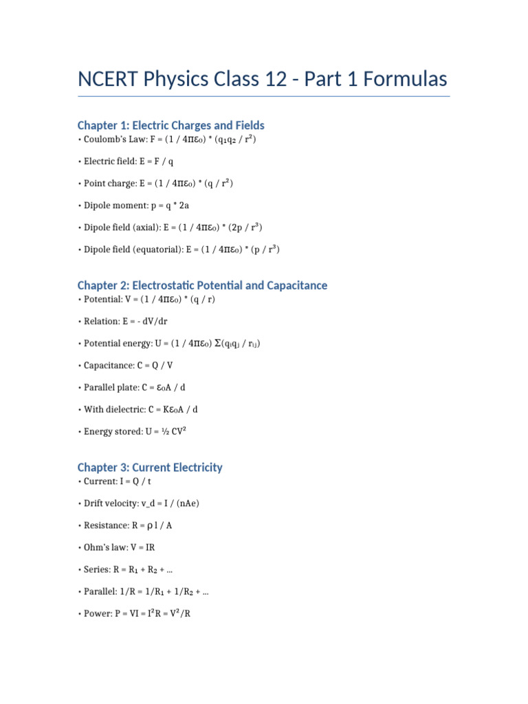 Class 12 Physics NCERT Formulas Guide | PDF