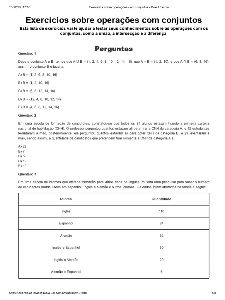 Exercícios de Operações com Conjuntos | PDF