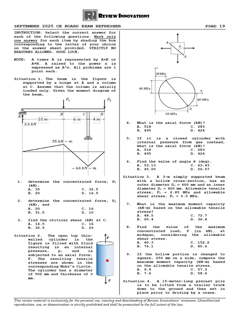 CE Board Exam Refresher Questions | PDF | Stress (Mechanics) | Bending
