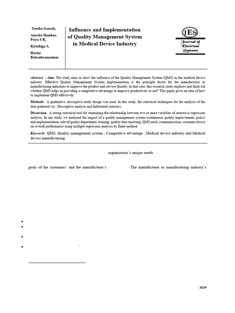 Influence and Implementation of Quality Management System in Medical ...