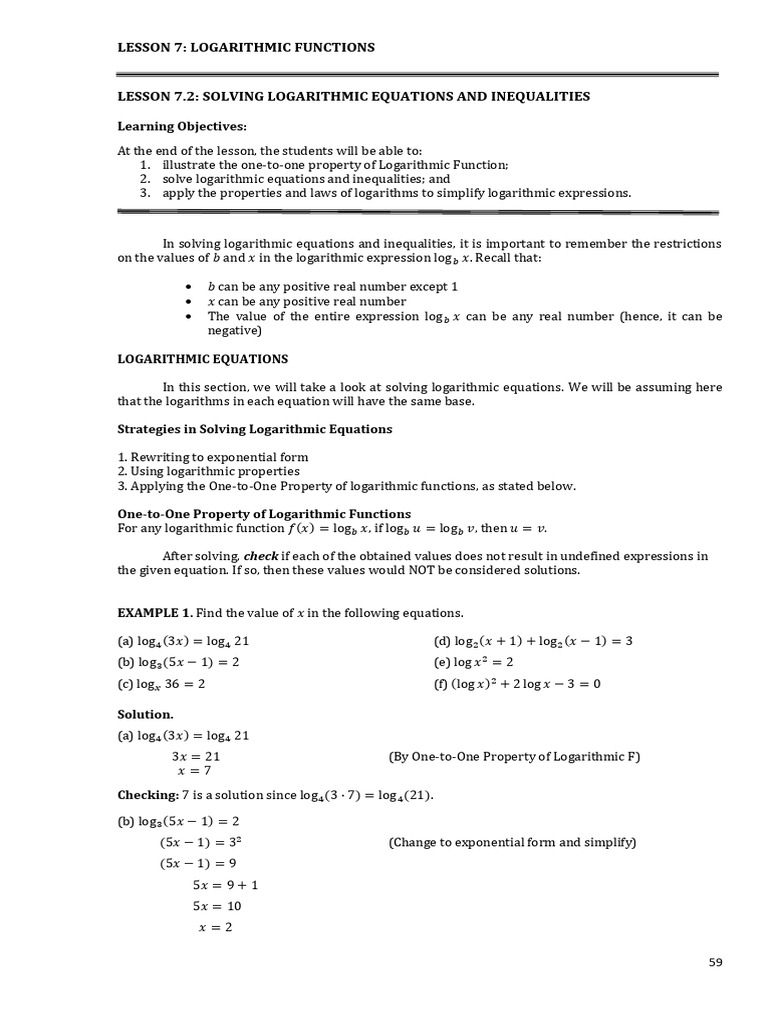 Solving Logarithmic Equations & Inequalities | PDF | Logarithm ...