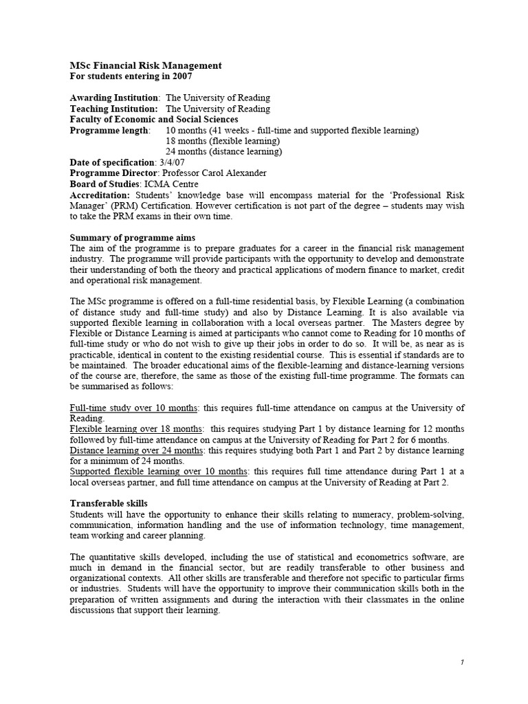 MSc in Financial Risk Management Program | PDF | Financial Risk ...