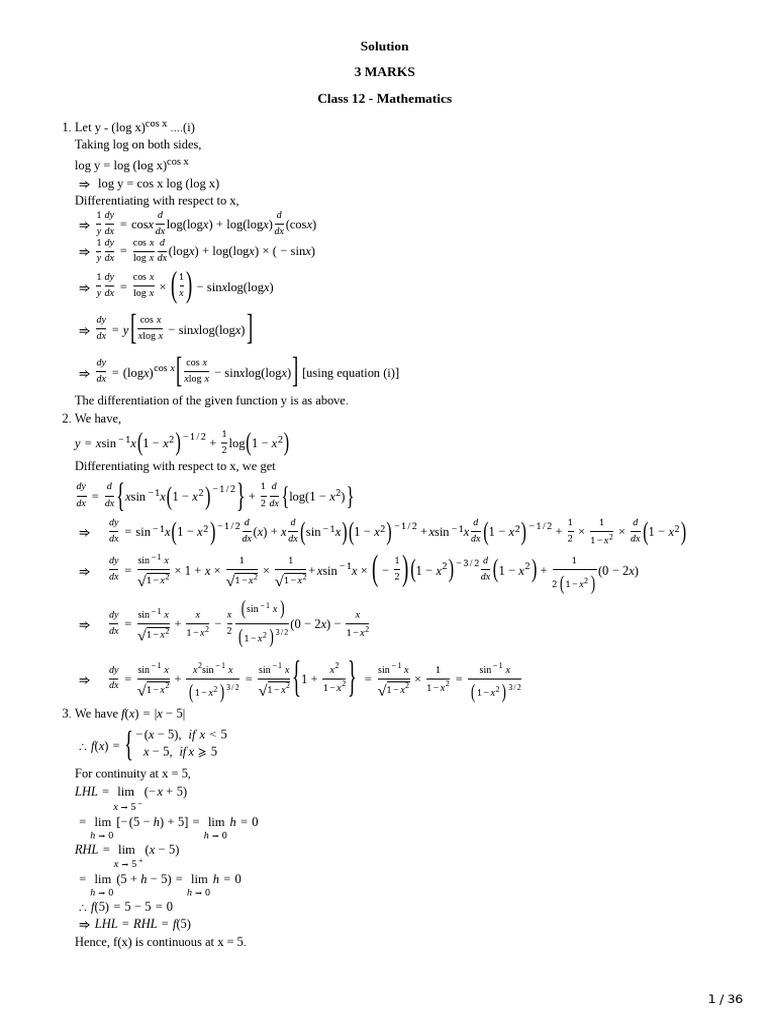 Class 12 Math Differentiation Solutions | PDF | Mathematics | Physics