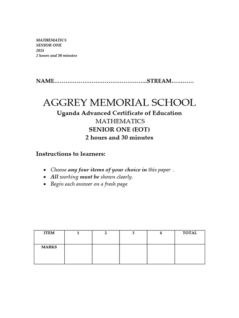 Senior One Mathematics Exam 2025 | PDF | Triangle | Euclidean Geometry