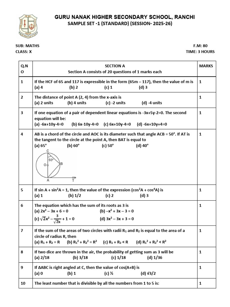 Class X Maths Sample Paper 2025-26 | PDF | Circle | Area