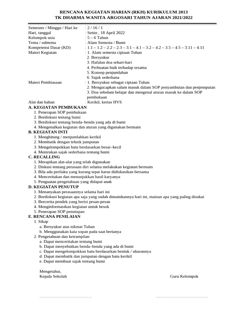 RKH Tema Alam Semesta untuk TK 2022 | PDF