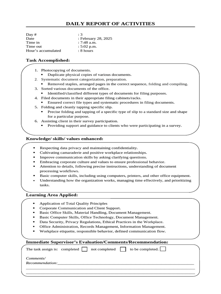 Daily Activity Report Summary | PDF | Data | Communication
