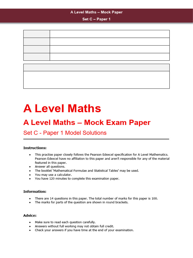 A Level Maths Mock Exam Paper Set C | PDF | Mathematics | Applied ...