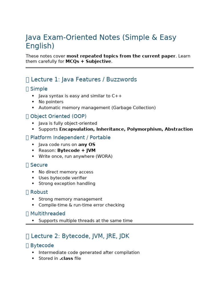 Java Important Lectures – Exam Oriented Notes | PDF | Java (Programming ...