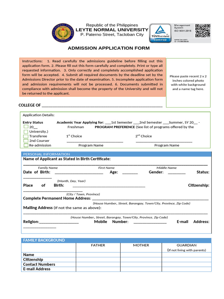 Leyte Normal University Admission Form | PDF