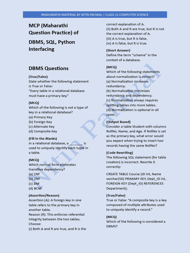 DBMS, SQL and Python Interfacing MQP by Nitin Paliwal | PDF | Data ...