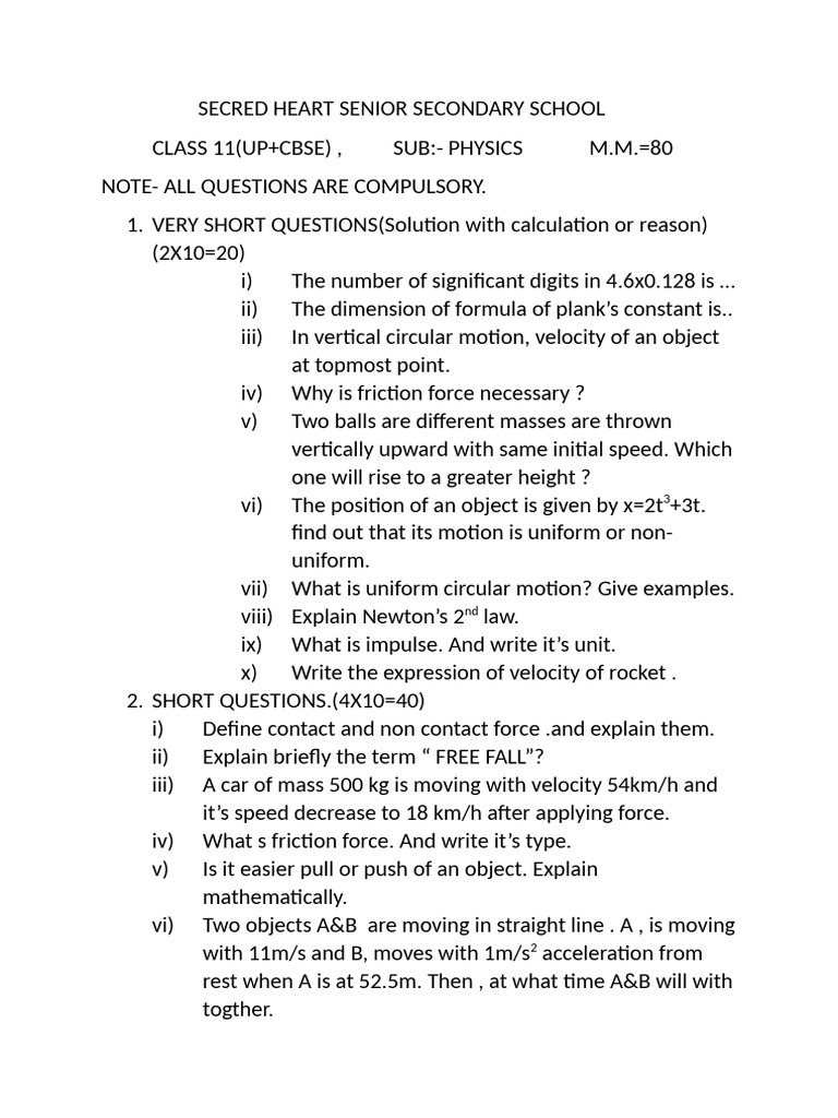 Class 11 Physics Exam Questions | PDF | Force | Acceleration