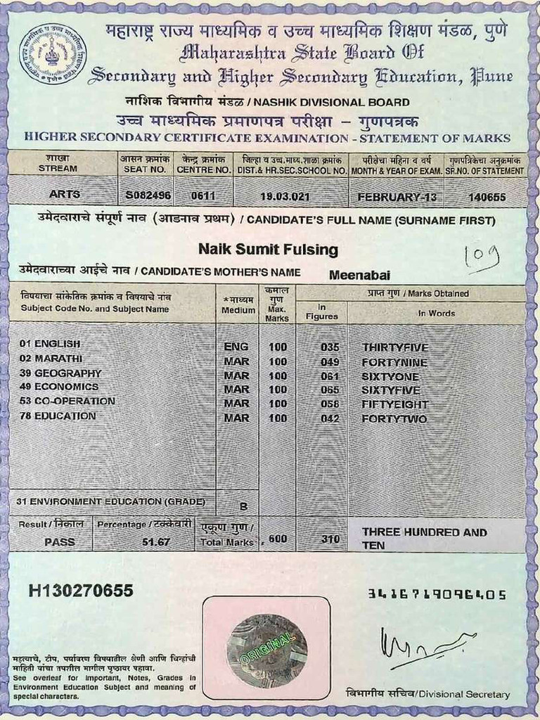 Sumit 12 Marksheet | PDF