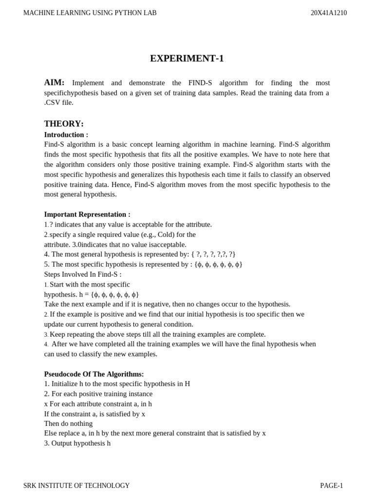 Find-S Algorithm Implementation in Python | PDF | Cross Validation ...