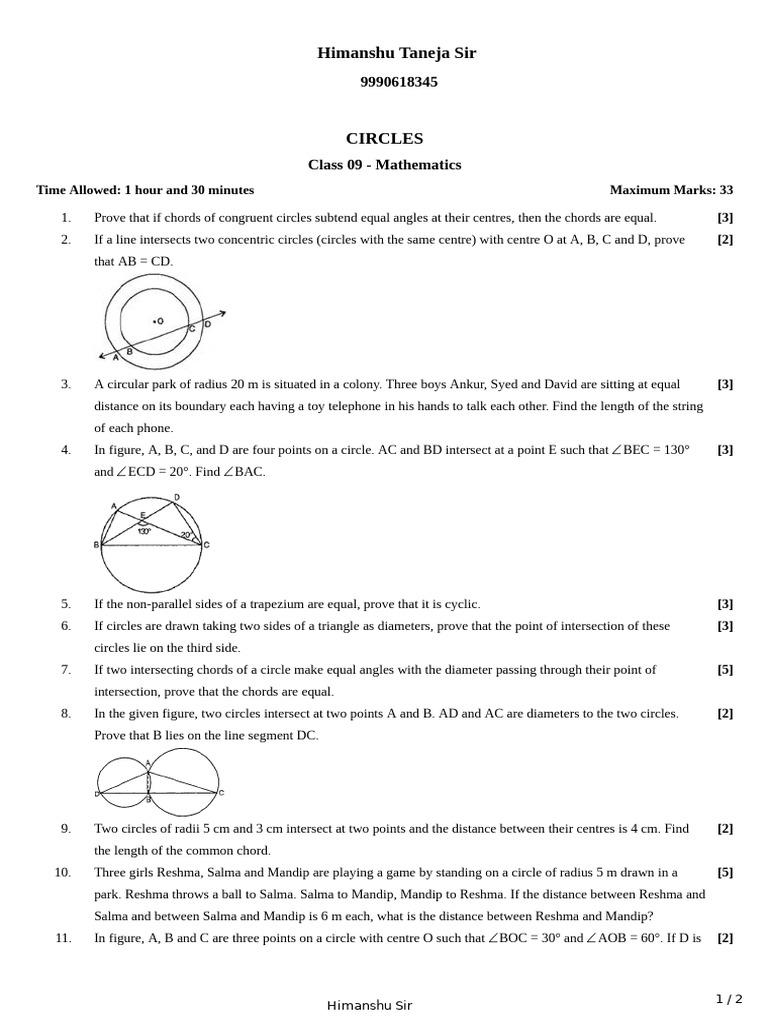 Circles Class Test | PDF | Circle | Angle