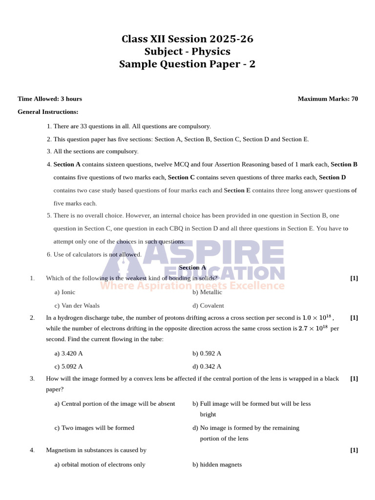 Class XII Physics Sample Question Paper | PDF | Electron | Permittivity
