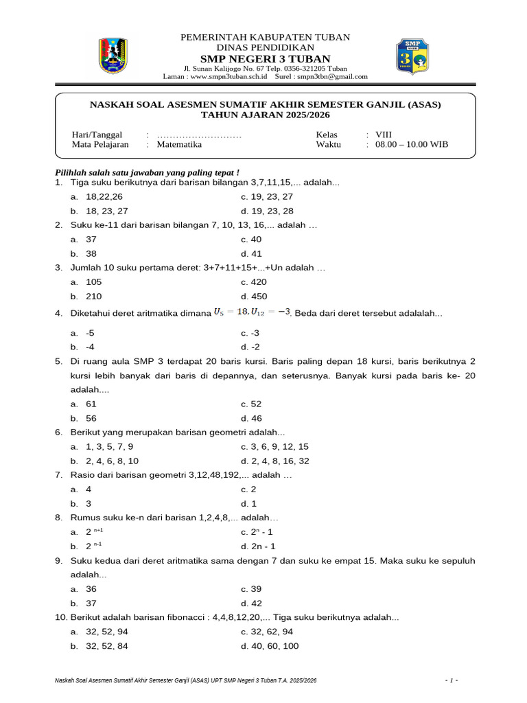 Remidi Asas Matematika Kelas 8 | PDF