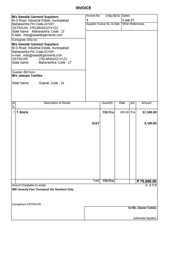 Invoice for T-Shirts from Jalaram Textiles | PDF
