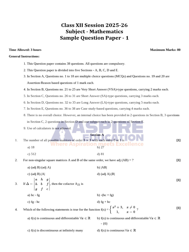 Class XII Mathematics Sample Paper | PDF | Matrix (Mathematics ...