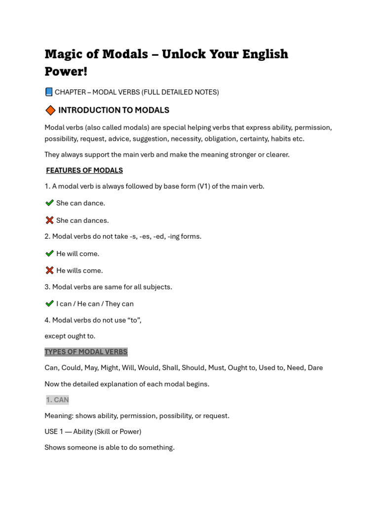 Modals Auxiliary Verbs Notes | PDF | Grammar | Linguistic Typology