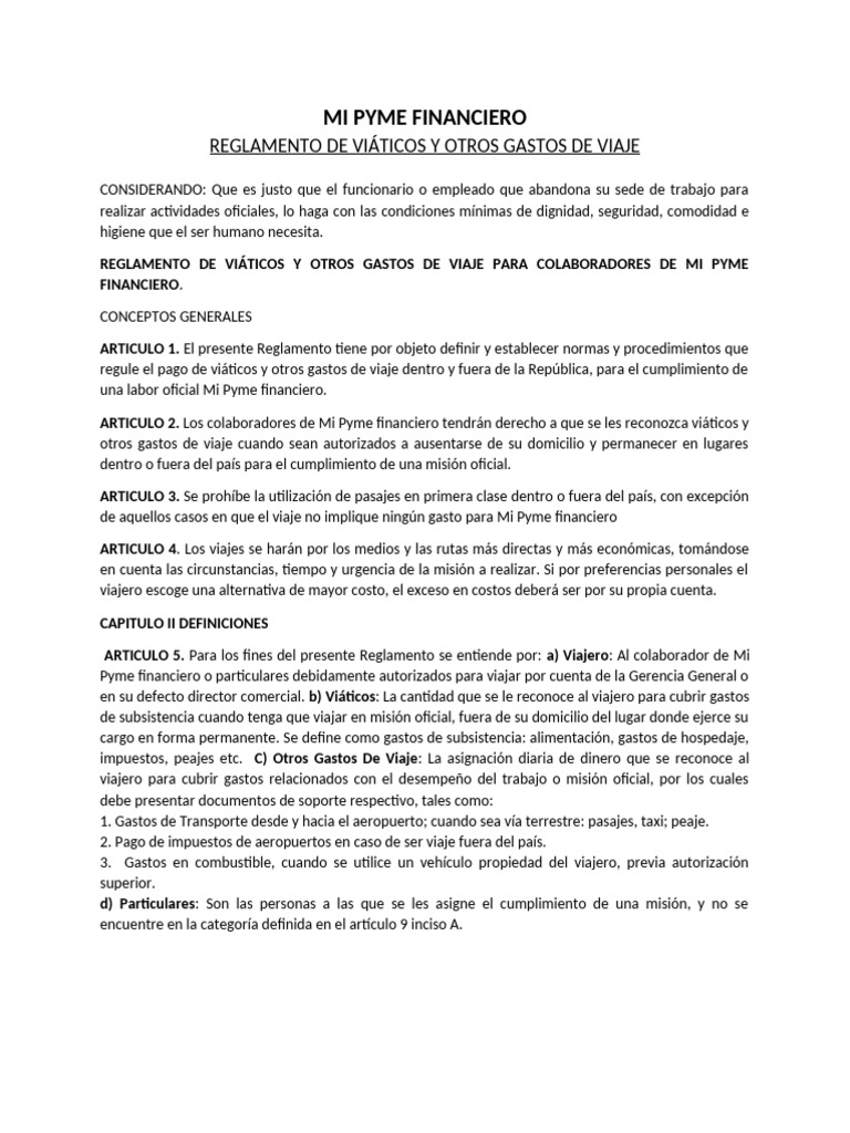 Reglamento de Viaticos Por Viaje | PDF | Regulación