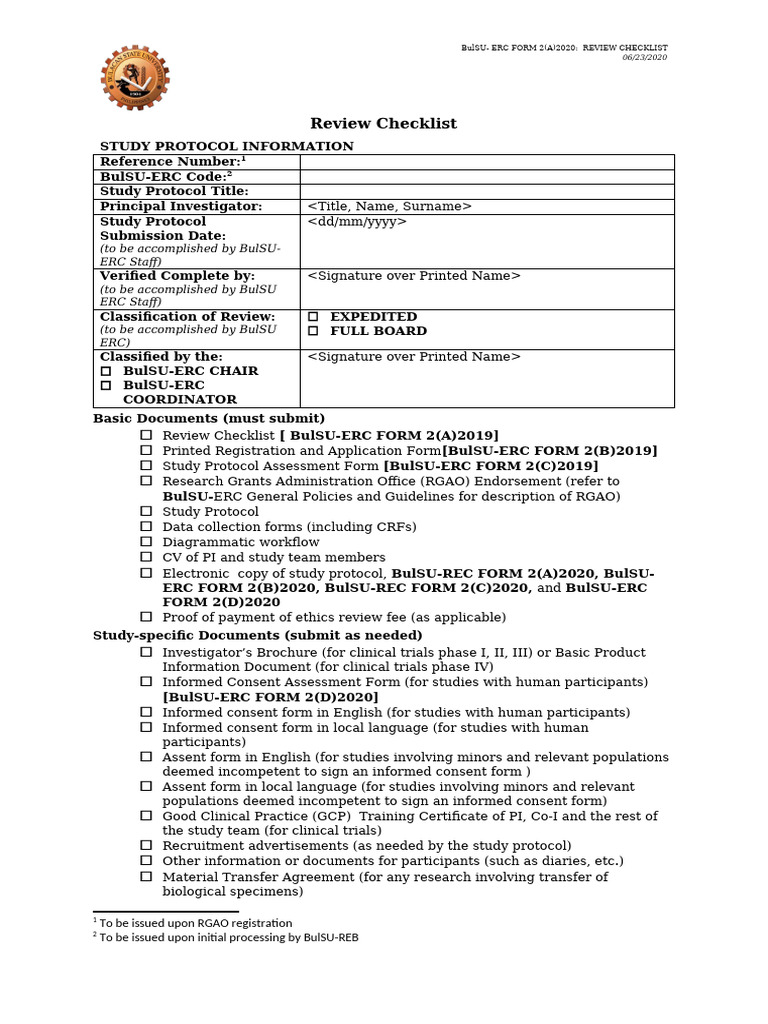 FORM 2A Review Checklist 0 | PDF | Clinical Trial | Health Research