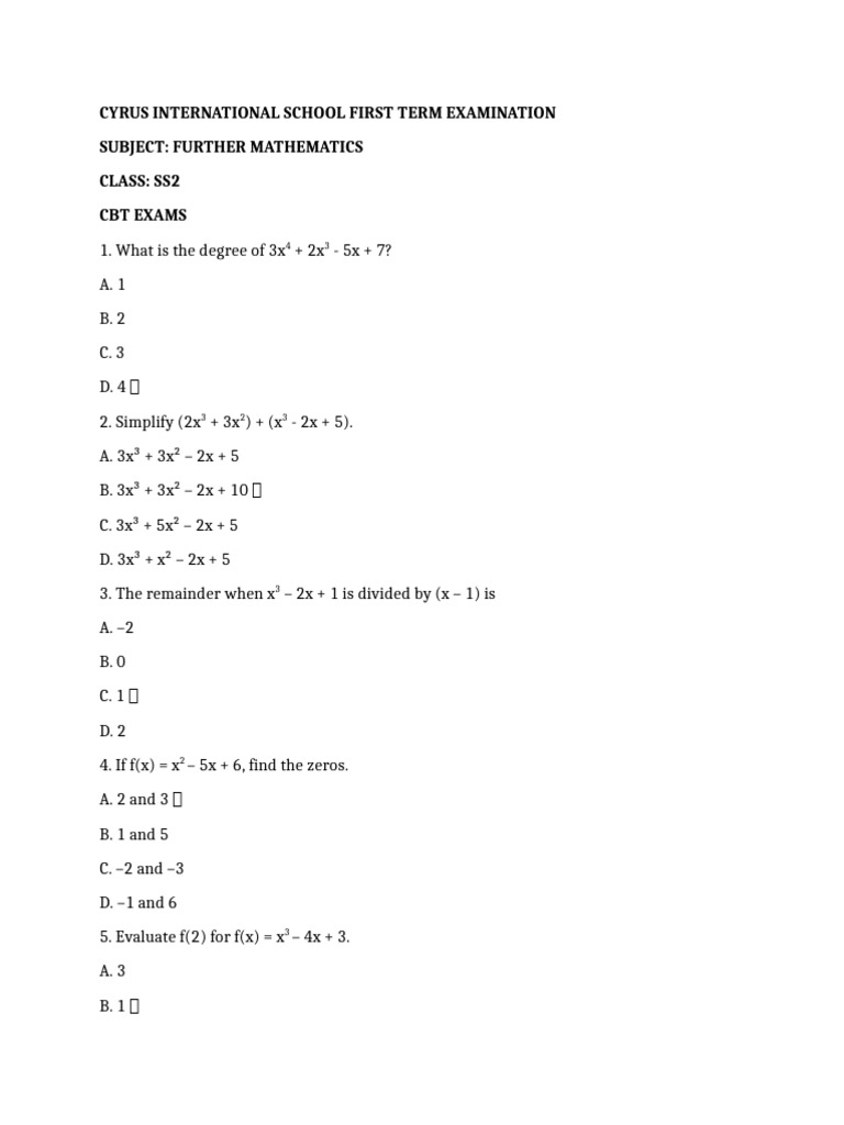 SS2 Further Mathematics Exam Questions | PDF | Mathematics | Algebra