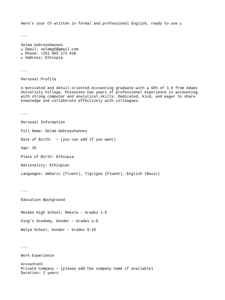 Professional CV for Accounting Graduate | PDF